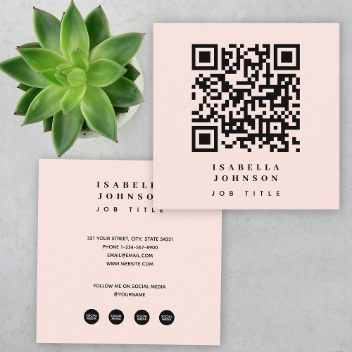 Modern Blush Pink QR Code Social Media Icons Square Business Card