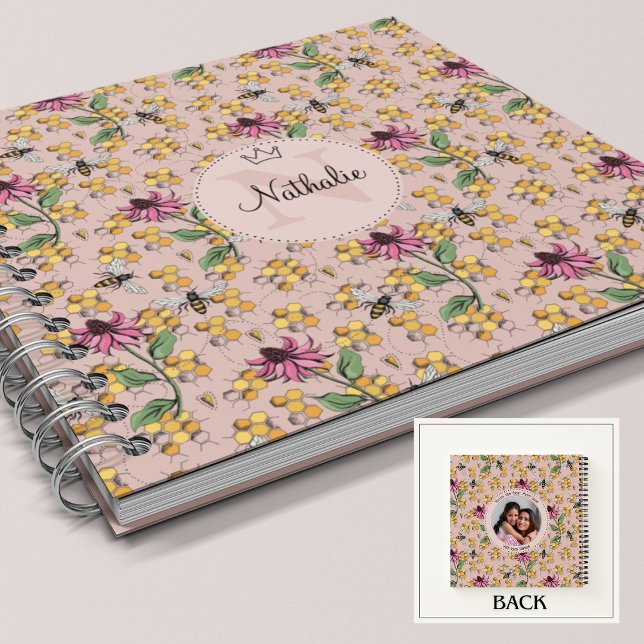 Modern Blush Pink Queen Bee & Flowers Monogram Notebook (Beautiful Nature Queen Bee, Honeycomb & Pink Exotic Flower Monogram & Name Custom Square Notebook. )