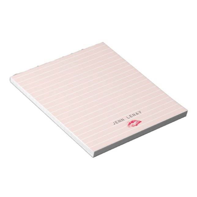 Modern Blush Pink Red Lipstick Kiss Personalized Notepad (Angled)