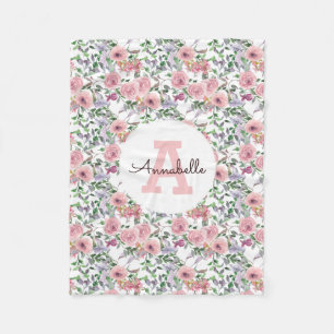Modern Blush Pink Rose Floral Watercolor Monogram Fleece Blanket