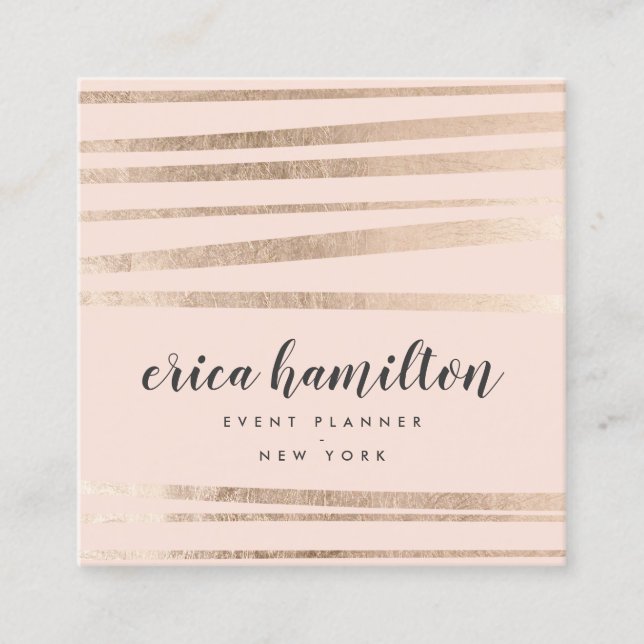 Modern blush pink rose gold foil geometric stripes square business card (Front)