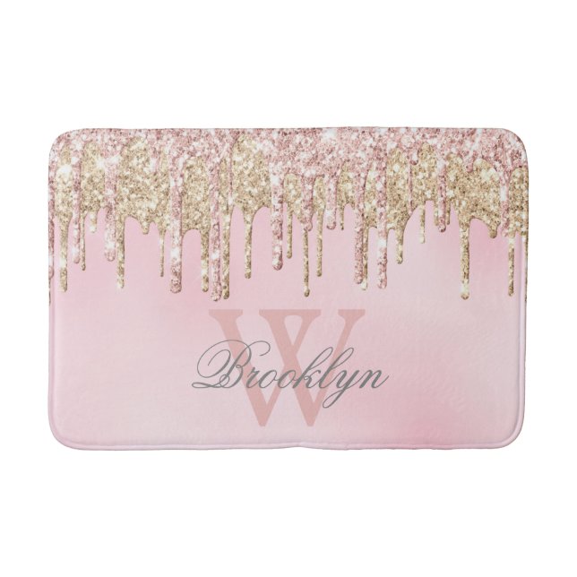 Modern Blush Pink Rose Gold Glitter Drips Monogram Bath Mat (Front)