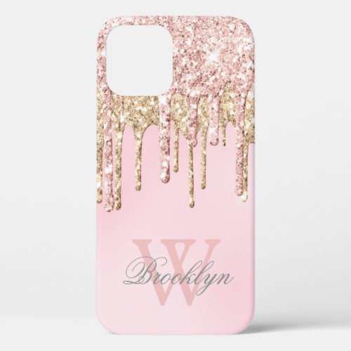 Modern Blush Pink Rose Gold Glitter Drips Monogram iPhone 12 Case