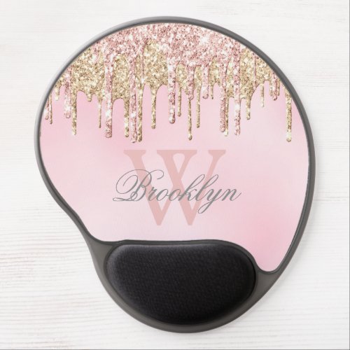 Modern Blush Pink Rose Gold Glitter Drips Monogram Gel Mouse Pad