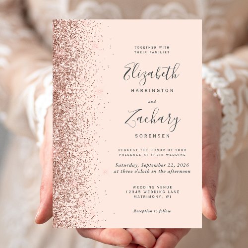 Modern Blush Pink Rose Gold Glitter Edge Wedding Invitation