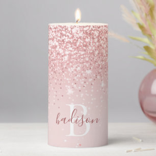 Modern Blush Pink Rose Gold Glitter Monogram Name  Pillar Candle