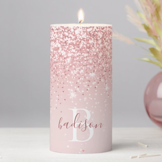 Modern Blush Pink Rose Gold Glitter Monogram Name  Pillar Candle (In Situ)