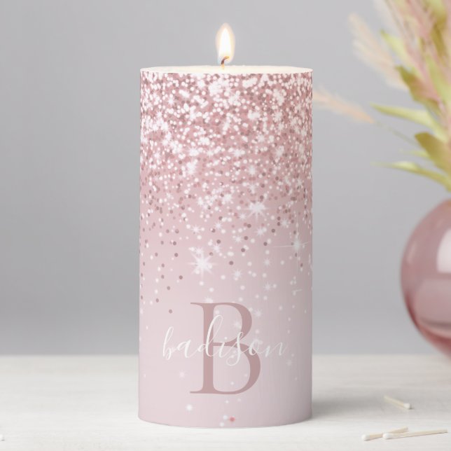 Modern Blush Pink Rose Gold Glitter Monogram Name  Pillar Candle (In Situ)