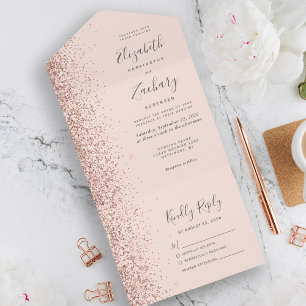 Modern Blush Pink Rose Gold Glitter Wedding All In One Invitation