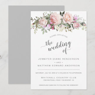 Modern Blush Pink Roses Bouquet Pale Gray Wedding Invitation