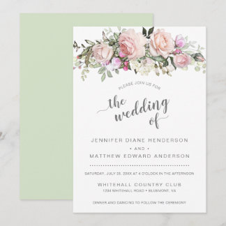 Modern Blush Pink Roses Bouquet Pale Green Wedding Invitation