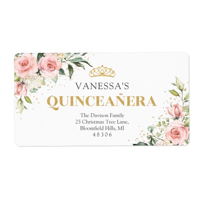 Modern Blush pink roses gold tiara 15th birthday Label (Front)