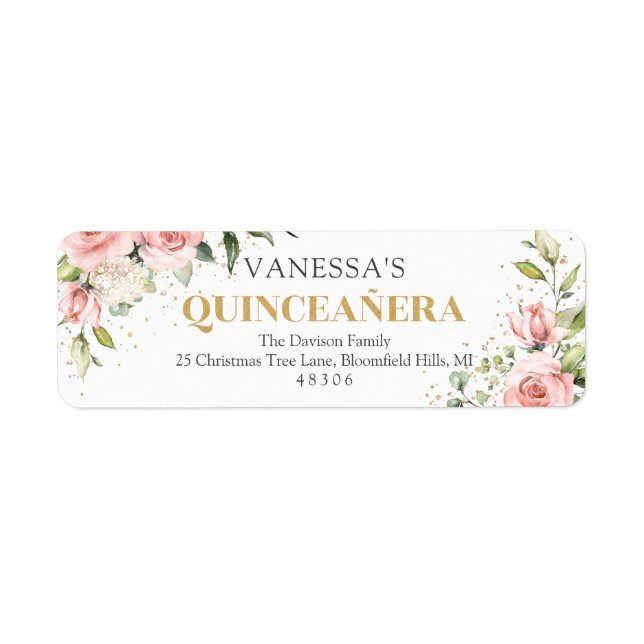 Modern Blush pink roses gold tiara 15th birthday Label (Front)