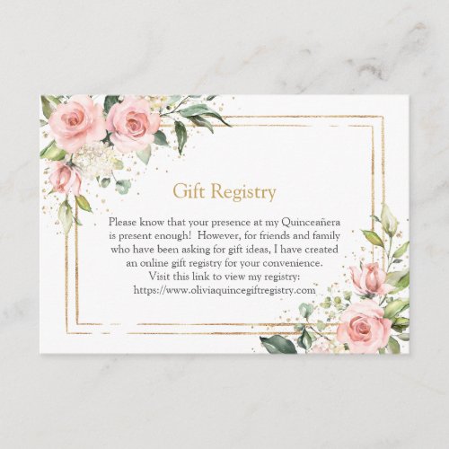 Modern Blush pink roses  gold tiara eucalyptus Enclosure Card