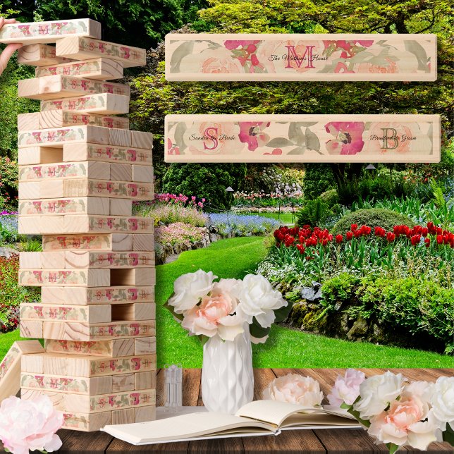 Modern Blush Pink Sage Floral  Bride Groom Names Topple Tower (Creator Uploaded)