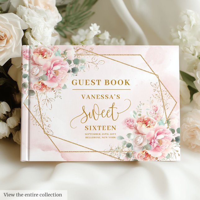 Modern Blush Pink Sage Gold Floral Sweet Sixteen Guest Book (Modern Blush Pink Sage Gold Floral Sweet 16 Guest Book)