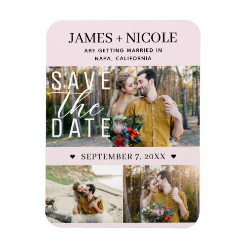 Modern Blush Pink Save the Date Wedding 3 Photos Magnet