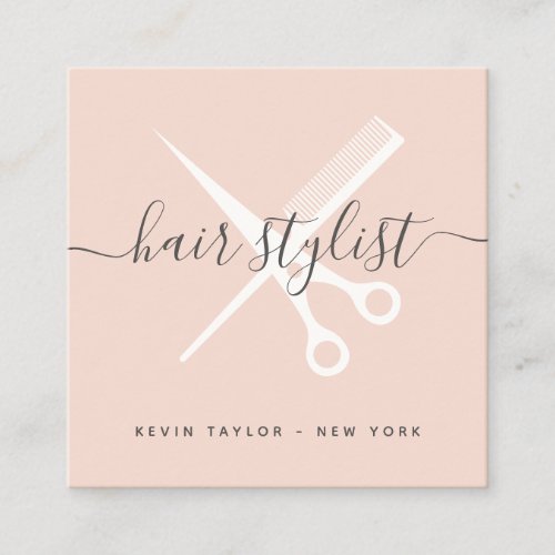 Modern blush pink scissors branding hair stylist square business card
