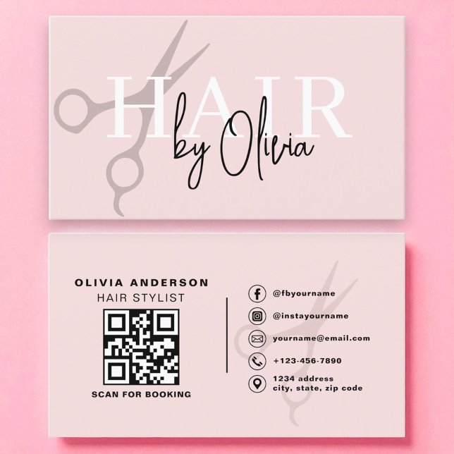 Modern Blush Pink Scissors QR Code Hair Stylist  Business Card (Creator Uploaded)