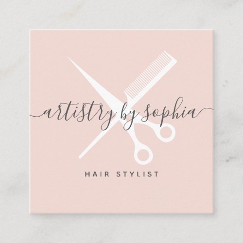 Modern blush pink scissors script hair stylist square business card