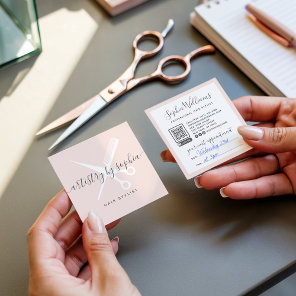 Modern blush pink scissors script hair stylist square business card