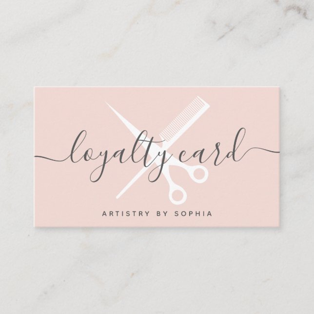 Modern blush pink scissors script punch card (Front)