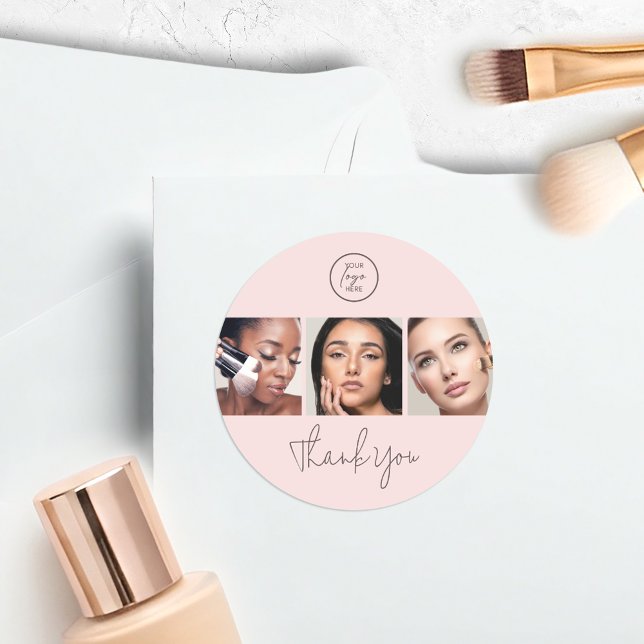 Modern Blush Pink Script 3 Photo Makeup Thank You Classic Round Sticker (Creator Uploaded)