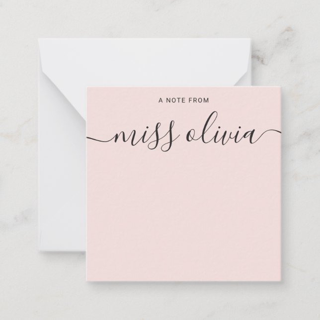 Modern Blush Pink Script Custom Teachers Note Card (Front)