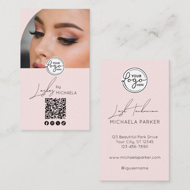 Modern Blush Pink Script Logo QR Code Photo Lashes Business Card (Front/Back)