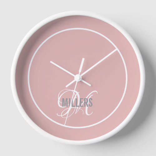 Modern blush pink script monogram family name clock