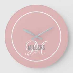 Modern blush pink script monogram family name  lar large clock