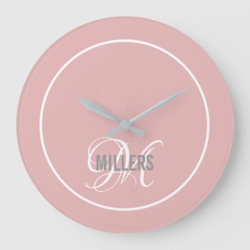 Modern blush pink script monogram family name  lar large clock