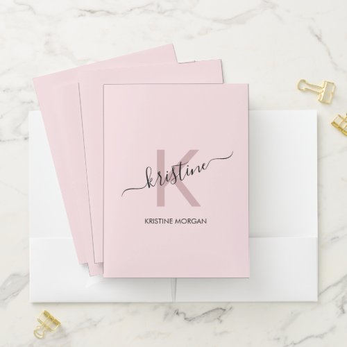 Modern blush pink script monogram name pocket folder