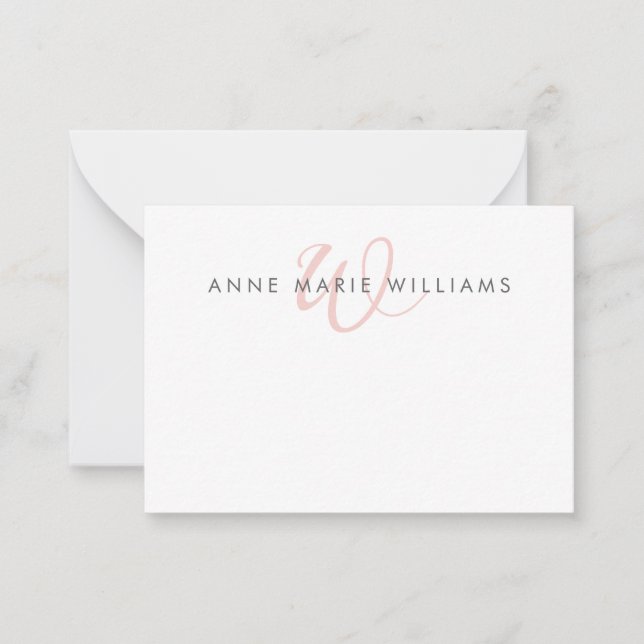 Modern Blush Pink Script Monogram Note Card (Front)