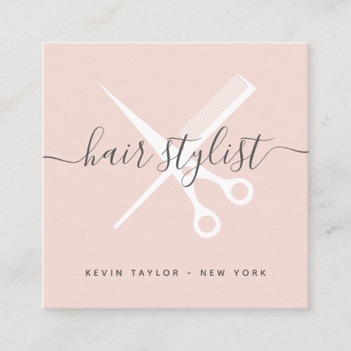 Modern blush pink script signature hair stylist square business card