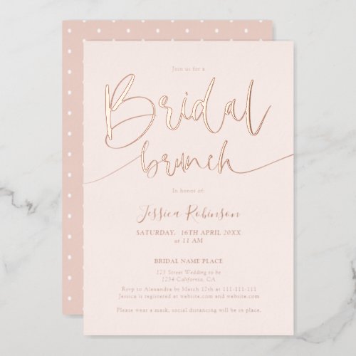 Modern blush pink script trendy bridal brunch rose foil invitation