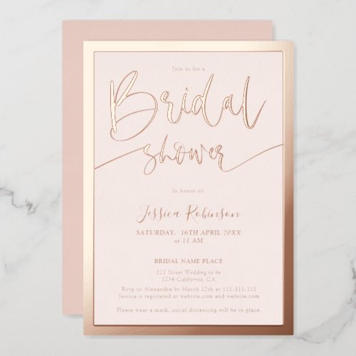 Modern blush pink script trendy bridal shower rose foil invitation