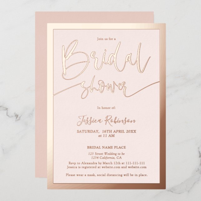 Modern blush pink script trendy bridal shower rose foil invitation (Front/Back)
