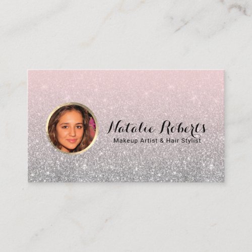 Modern Blush Pink Silver Glitter Custom Photo Business Card