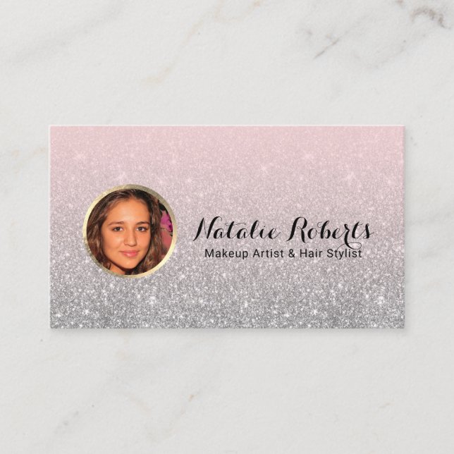 Modern Blush Pink Silver Glitter Custom Photo Business Card (Front)
