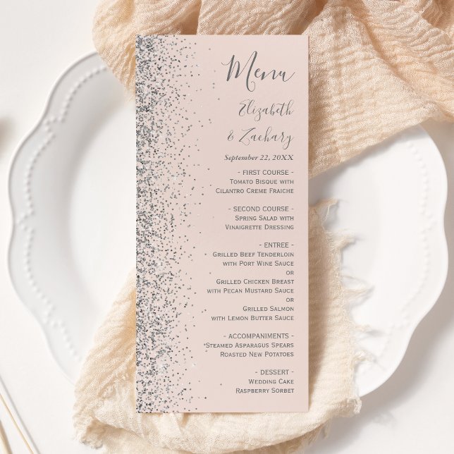 Modern Blush Pink Silver Glitter Edge Wedding Menu (Creator Uploaded)