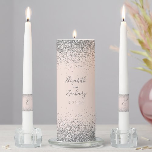 Modern Blush Pink Silver Glitter Unity Candle Set