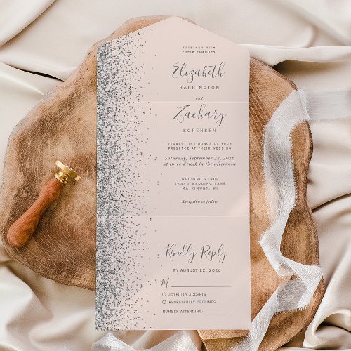 Modern Blush Pink Silver Glitter Wedding All In One Invitation