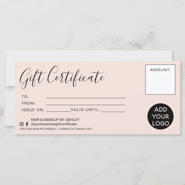 Modern blush pink simple gift certificate logo (Front)