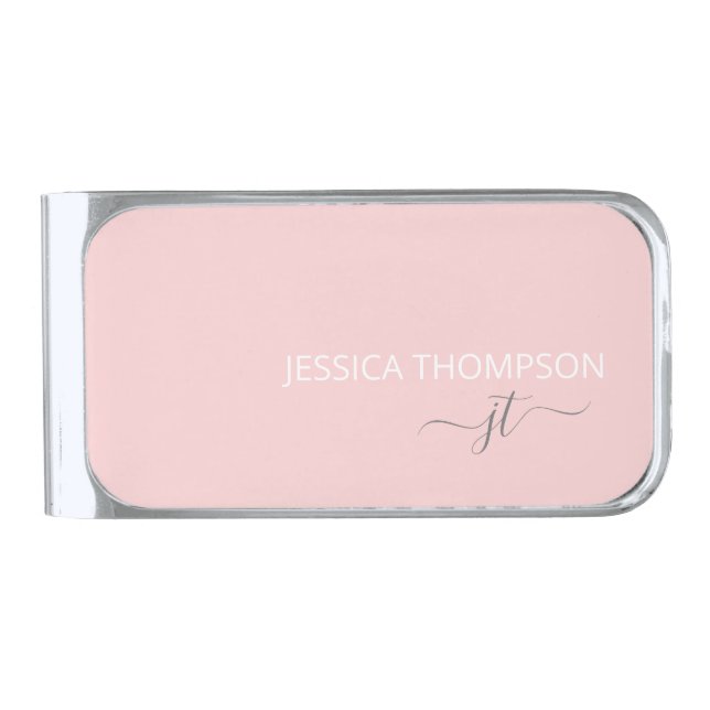 Modern Blush Pink Simple Girly Monogram Name Silver Finish Money Clip (Front)