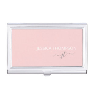 Modern Blush Pink Simple Script Monogram Name  Business Card Case