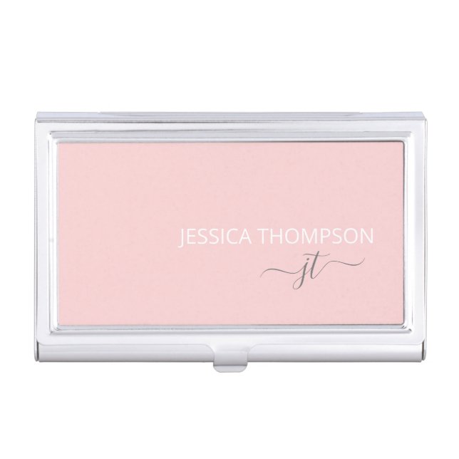 Modern Blush Pink Simple Script Monogram Name  Business Card Case (Front)