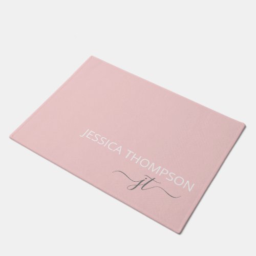 Modern Blush Pink Simple Script Monogram Name Doormat