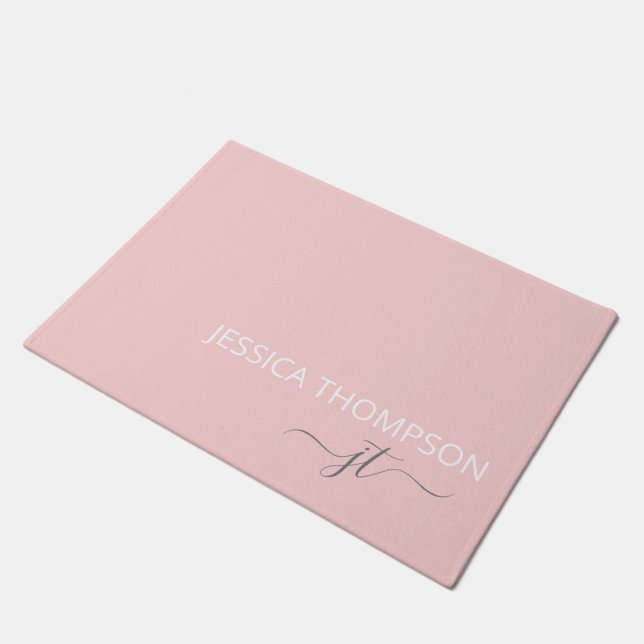 Modern Blush Pink Simple Script Monogram Name Doormat (Angled)