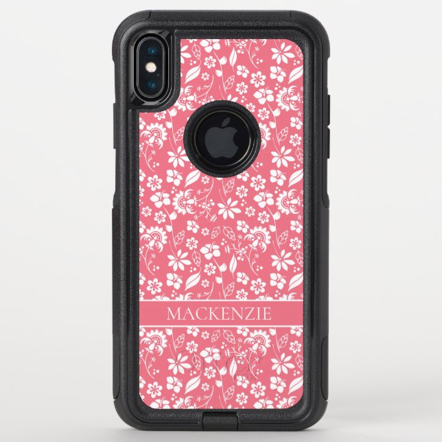Modern Blush Pink Spring Flower Pattern Monogram Otterbox iPhone Case (Back)